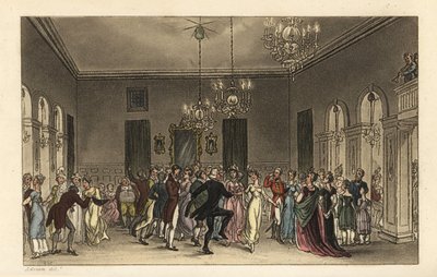 The Ball Room: fashionable tourists dancing in Scarborough Assembly Rooms by Thomas Rowlandson