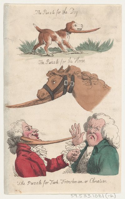 The Puzzle for the Dog, The Puzzle for the Horse, The Puzzle for Turk, Frenchman, or Chris by Thomas Rowlandson