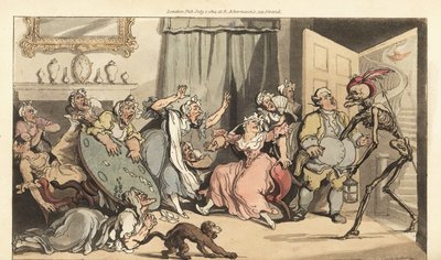 The Skeleton of Death Comes for Miss Mustard, One of the Old Maiden Ladies Playing Cards in a Parlour by Thomas Rowlandson