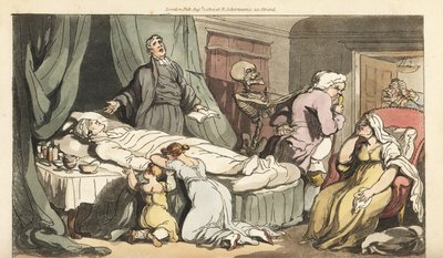 The Skeleton of Death Comes for the Doctor, as the Priest Prays Over the Dead Body of a Good Man Mourned by His Wife and Child by Thomas Rowlandson