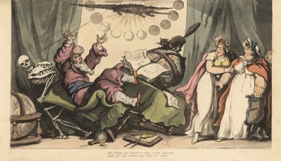 The Skeleton of Death Comes for the Fortune Teller in His Room Decorated with Planetary Globes, Astrology Books, and Crocodile. Two Lady Clients Watch in Terror. Handcoloured Copperplate Drawn and Engraved by Thomas Rowlandson from The English Dance of Dea by Thomas Rowlandson
