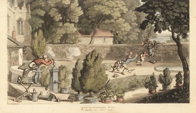 The Skeleton of Death Helps a Landowner Take Aim with a Musket at Boys Poaching in His Garden. Handcoloured Copperplate by Thomas Rowlandson from 