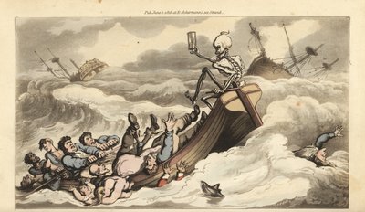 The skeleton of Death holds the rudder on a rowboat escaping a shipwreck, as its desperate crew row for the shore and passengers drown in the waves by Thomas Rowlandson