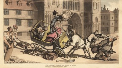 The Skeleton of Death in Cloak and Cap Drives a Two-Horse Carriage as it Crashes into Roadworks Killing His Passenger, a Court Officer by Thomas Rowlandson