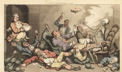 The skeleton of Death ladles punch into a glass of a Toastmaster with gout at a raucous Georgian drinking party by Thomas Rowlandson