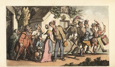 The skeleton of Death leads a young Recruit to join the Army, leaving his girl and family behind by Thomas Rowlandson
