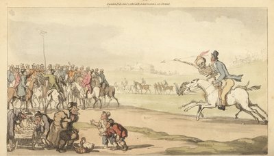 The skeleton of Death rides with a man toward the betting post on a racetrack, while children play a game of lotto by Thomas Rowlandson