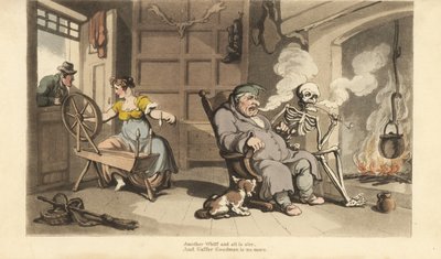 The skeleton of Death smokes a pipe at the fireside with old Gaffer Goodman, while his young wife is seduced by a suitor at the window by Thomas Rowlandson