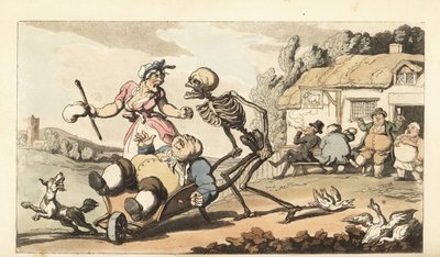 The skeleton of Death takes away the drunken Sot in a wheelbarrow, while other drunks make merry in front of The Goat pub. Handcoloured copperplate drawn and engraved by Thomas Rowlandson from The English Dance of Death, Ackermann, London by Thomas Rowlandson