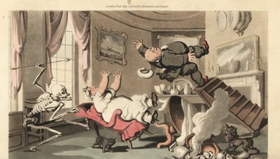 The Skeleton of Death Throws His Dart at a Man as He Topples from a Set of Stairs While Winding a Clock Above the Mantlepiece. He Falls Back on to His Wife in a Chair (Handcoloured Copperplate by Thomas Rowlandson) by Thomas Rowlandson