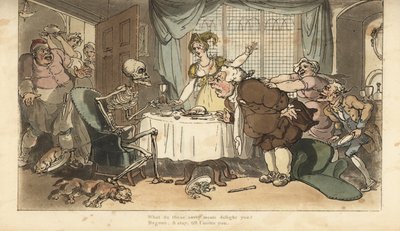 The skeleton of Death with dart and hourglass comes for the glutton as he feasts at dinner by Thomas Rowlandson