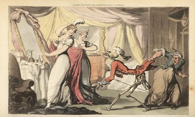 The Skeleton of Death with His Hourglass Comes for a Beautiful Coquette in Her Bedroom as She is Dressed for a Ball by Her Servants by Thomas Rowlandson