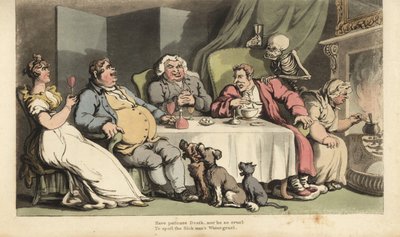 The Skeleton of Death with Hourglass Comes for the Sick Man as He Eats Gruel at the Dining Table with His Drinking Buddies in Front of the Fireplace by Thomas Rowlandson