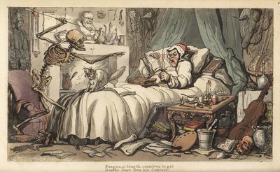 The Skeleton of Death with the Antiquarian Hoarder in a Bedroom Filled with Musical Instruments, Books, Manuscripts, Armour, a Globe, a Bust, Rats, etc. (Handcoloured Copperplate by Thomas Rowlandson) by Thomas Rowlandson