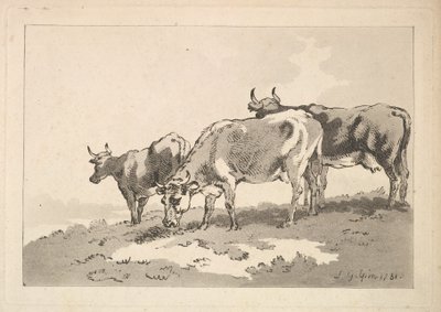 Three Cows Standing on the Ridge of a Field by Thomas Rowlandson