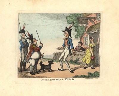 Three Soldiers in Uniform Parading Outside a Tavern by Thomas Rowlandson