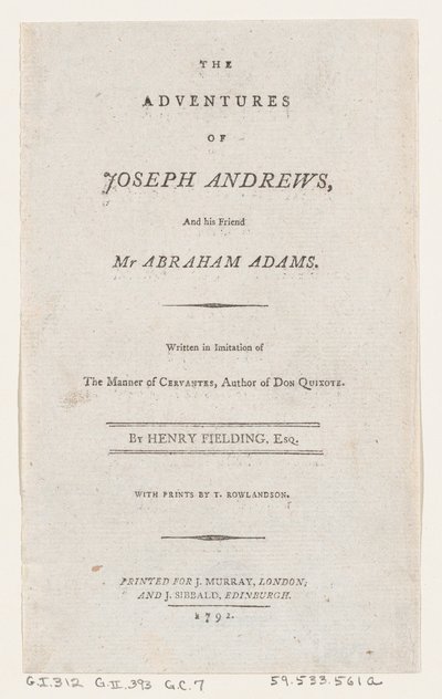 Title Page: The Adventures of Joseph Andrews, and His Friend Mr. Abraham Adams by Thomas Rowlandson