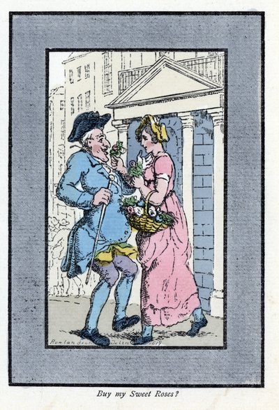 Travelling Flower Vendor, Approaching a Smiling Gentleman with a Small Bouquet of Roses (1819) by Thomas Rowlandson