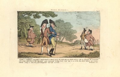Two Regency gentlemen about to fight a duel with pistols by Thomas Rowlandson