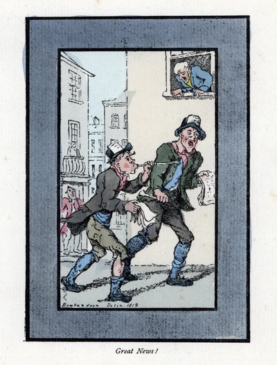 Two newspaper vendors with long whistles peddling newspapers in a London street. Wood engraving, based on a painting by Thomas Rowlandson by Thomas Rowlandson
