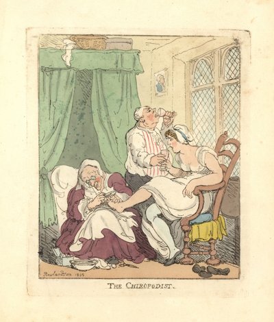 Woman having her feet treated painfully by a chiropodist by Thomas Rowlandson
