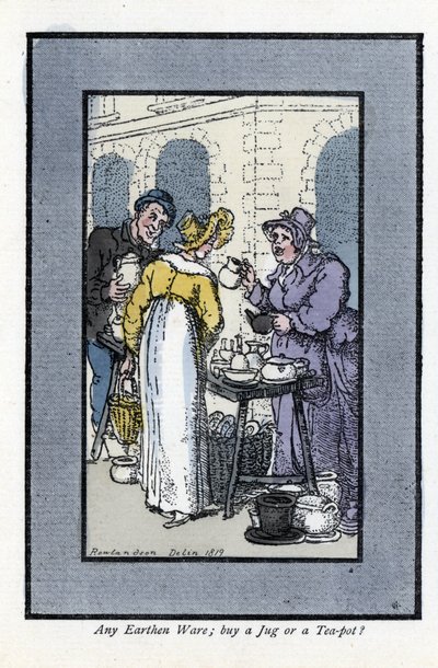 Woman selling pitchers, teapots and bowls at a street corner. An elegant young woman looks at the goods by Thomas Rowlandson