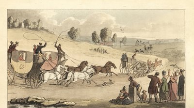 Young English gentlemen racing four-horse carriages on a road by Thomas Rowlandson