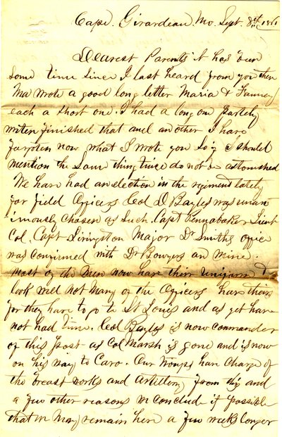 Letter signed T.S. Hawley, Cape Girardeau, Missouri, to parents, September 8, 1861 by Thomas S. Hawley