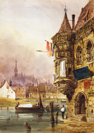 A Figure beside a Building, Ghent, with Barges on the River Leye beyond, 1833 by Thomas Shotter Boys