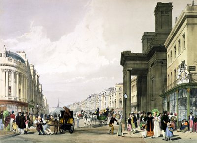 Regent Street looking towards the Quadrant with Hanover Chapel in the foreground and shoppers promenading by Thomas Shotter Boys