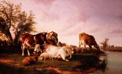 Sheep and Cattle Grazing by a Riverbank by Thomas Sidney (after) Cooper