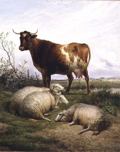 Sheep and a Cow Grazing by Thomas Sidney Cooper