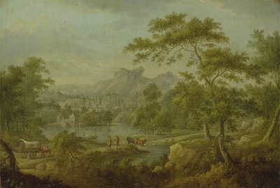 An Imaginary Landscape with a Wagon and a Distant View of a Town by Thomas Smith of Derby