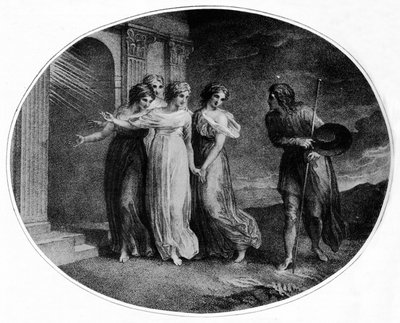 Prudence, Piety, Charity and Discretion inviting Christian into the Palace Beautiful by Thomas Stothard