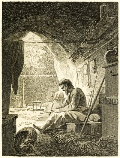 Robinson Crusoe at Work in His Cave from The Life and Strange Surprising Adventures of Robinson Crusoe, or York, Mariner by Daniel Defoe by Thomas Stothard