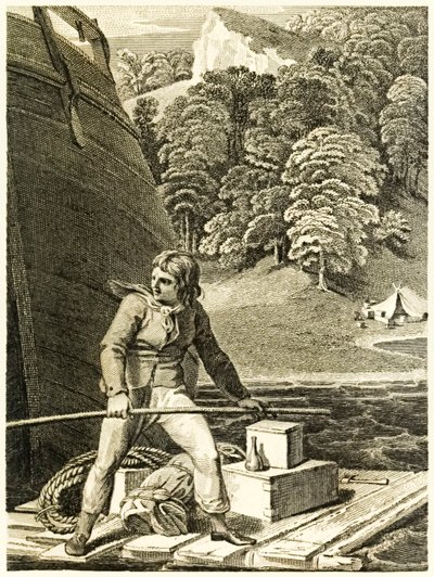 Robinson Crusoe upon His Raft from The Life and Strange Surprising Adventures of Robinson Crusoe, or York, Mariner by Daniel Defoe by Thomas Stothard