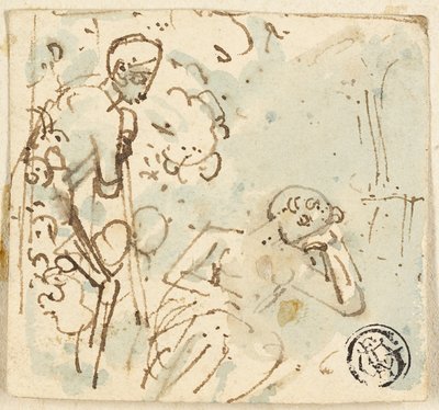 Sketch of Man Leaning on Staff, Looking at Sleeping Woman by Thomas Stothard
