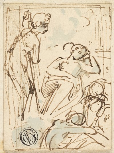Sketch of Man Leaning on Staff, Looking at Sleeping Woman by Thomas Stothard