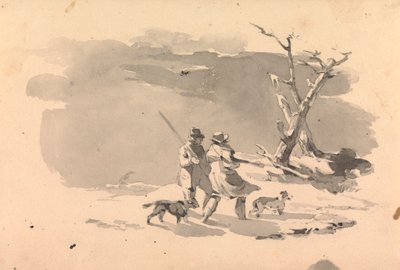 Two Hunters and Two Dogs in Winter Scene by Thomas Sully