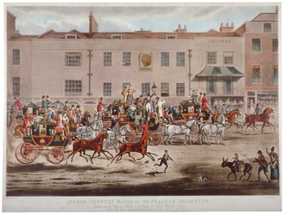Mail coaches in front of the Peacock Inn on Islington High Street, London by Thomas Sutherland