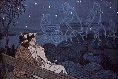 Couple out in the open, looking at their future in the stars: childs, family by Thomas Theodor Heine