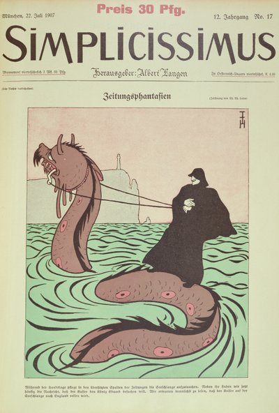 Kaiser rides the Sea Snake to England, cover Illustration from Simplicissimus by Thomas Theodor Heine