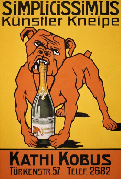 Vintage Poster of Bulldog Biting Champagne Bottle by Thomas Theodor Heine