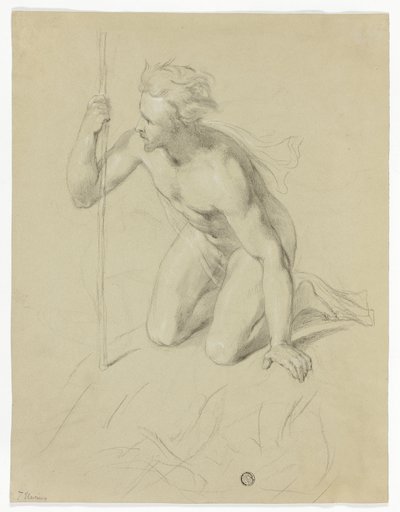 Nude Man Kneeling, Holding Staff; Alpine Panorama by Thomas Uwins