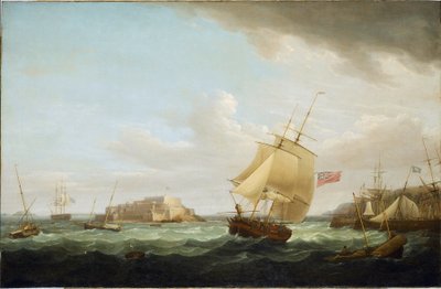 A merchant ship and other vessels off Cornet Castle in Guernsey, England by Thomas Whitcombe