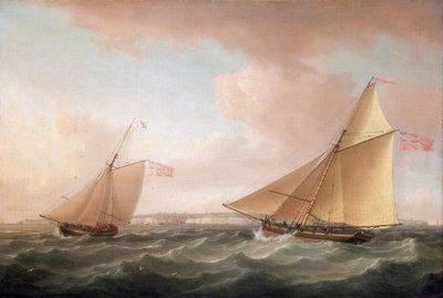 A yacht from the British Lighthouse Service and a Revenue Cutter (sailboat armed for the fight against smuggling), off Ramsgate (England) by Thomas Whitcombe