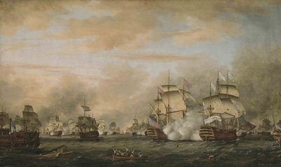 The Battle of the Saintes, 12 April 1782. HMS Barfleur attacking the French flagship Ville de Paris by Thomas Whitcombe