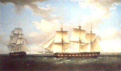 The Indiaman in Two Positions off Walmer Castle, Kent by Thomas Whitcombe