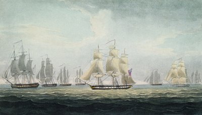 The naval manoeuvre of Sir Graham Moore, commander of the squadron of four frigates in the British Royal Navy, which captured a Spanish treasure fleet, off Cadiz, Spain, on October 5 by Thomas Whitcombe