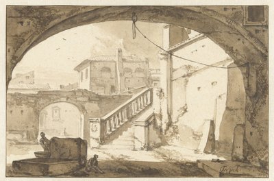 View through an Arch on an Italian Courtyard by Thomas Wijck